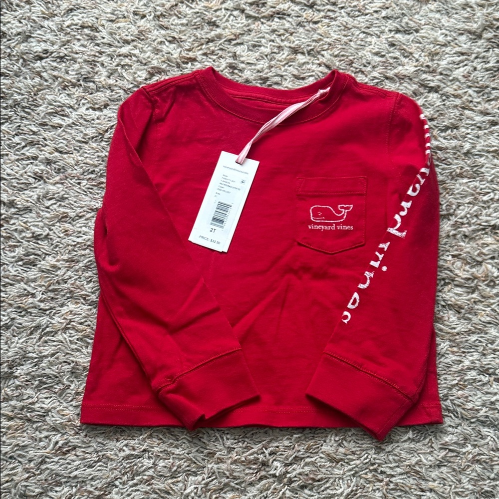 Vineyard Vines Kids Red Long-Sleeve Pocket Tee with Sleeve Logo